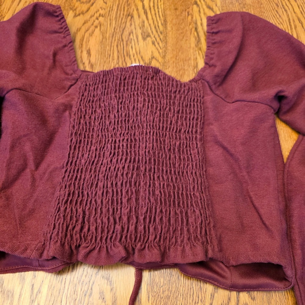 Kirious Crop Top Burgundy Long Sleeve Square‎ Neck Lace Up Smocked Boho Coquette - Picture 8 of 10